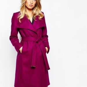 Ted Baker London Women Purple Fuscia Belted Wrap Trench Coat Wool Cashmere Sz 2